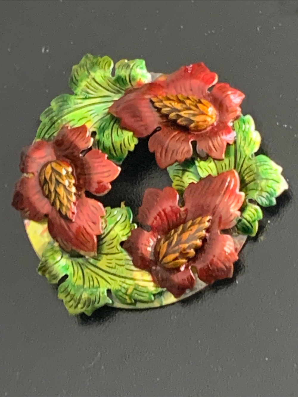 Vintage Red Green Enamel Flowers Brooch